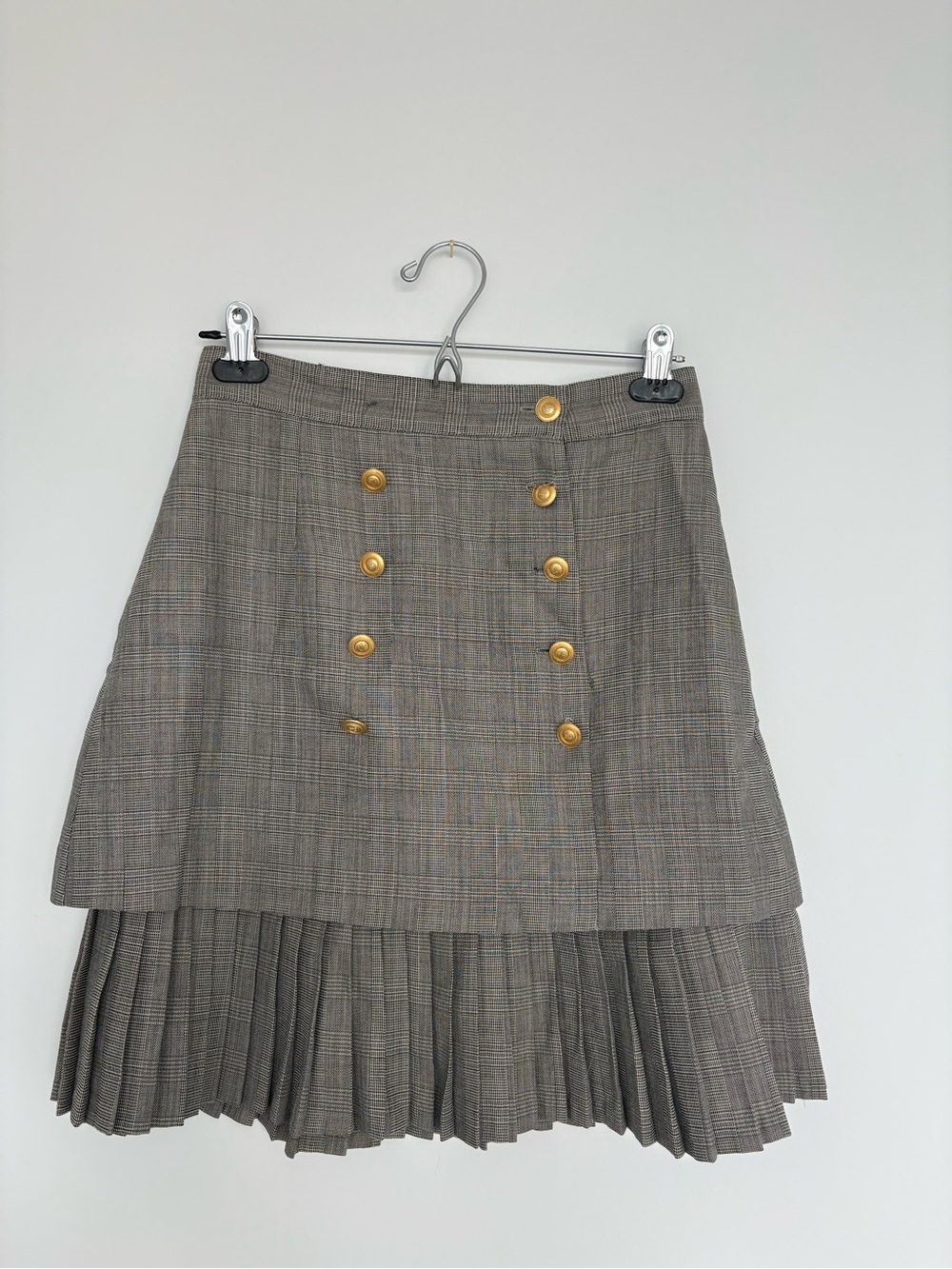 Vintage Sassia Paris Plaid Double-Layer Pleated Skirt with Gold Button Detail
